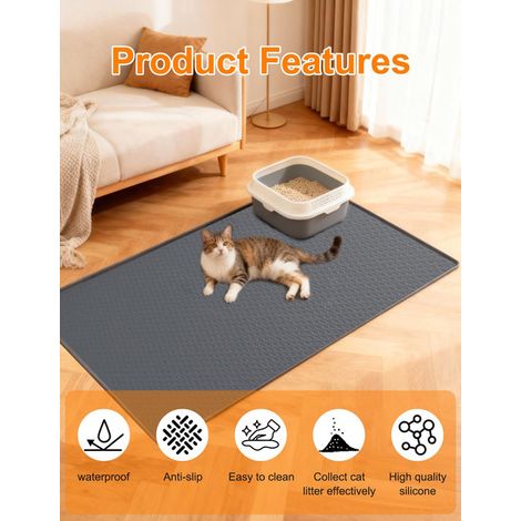 Tapis de litière pour chat en silicone imperméable et antidérapant, tapis d'alimentation lavable pour animaux de compagnie grande taille 130x65 cm, gris
