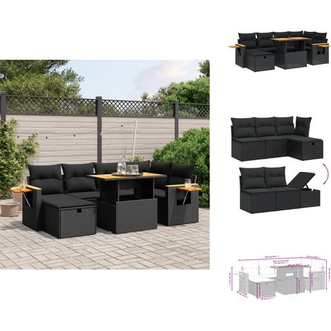 7-tlg. Garten-Sofagarnitur mit Kissen Schwarz Poly Rattan - Gartenmöbel - Gartensorte - Outdoor Möbel - Lounge Set - Rattan Gartenmöbel (1/4)