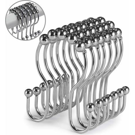 Shower curtain hooks, 12 pieces, shower curtain rings, stainless steel roller, rust-resistant, double sliding anti-fall shower hooks for bathroom curtains (1/5)