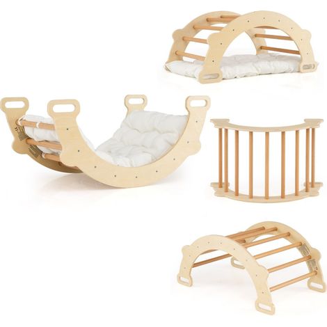 Arche d'escalade 3 en 1 pour enfants 81 x 50,5 x 38 cm avec coussin amovible sécurité renforcée ambiance cosy en bois naturel