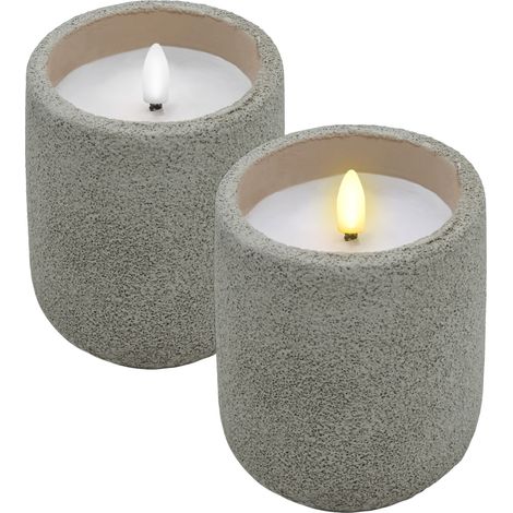LED Kerze im Keramik Becher mit Beton Optik 10 x 9 cm - 2er Set - Dekokerze Batterie betrieben mit Timer Funktion
