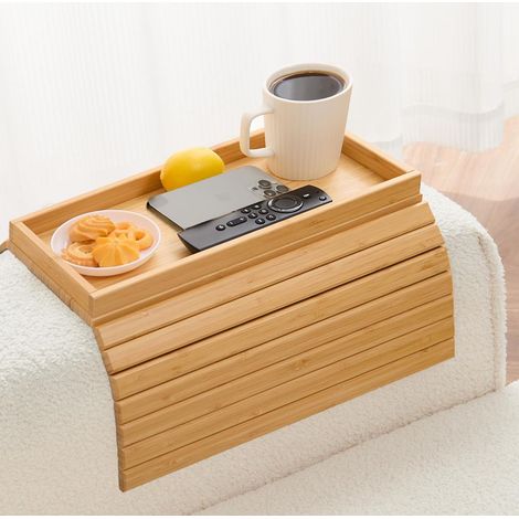 Plateau d'accoudoir - 1 unité - Bambou naturel - Pliable et antidérapant - Pour canapé et fauteuil - Support téléphone et snacks (1/5)