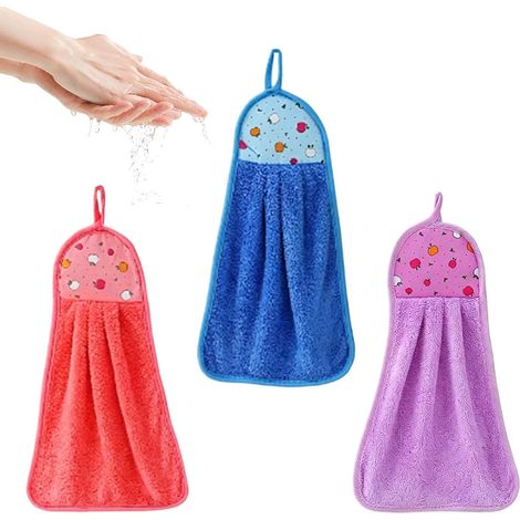 Essuie-mains à boucle, lot de 3 serviettes microfibre corail pour enfants, voyage, cuisine, salle de bain, douche, hôtel, dortoir, c (1/5)