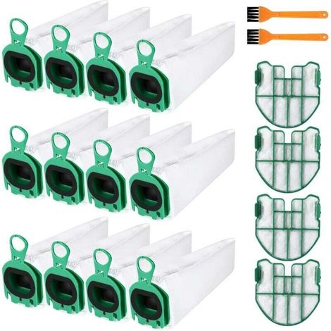12 sacs d'aspirateur pour Vorwerk Kobold VB100 VB100 FP100 FP100, kit de rechange avec 4 filtres moteur et 2 brosses de nettoyage. (1/4)