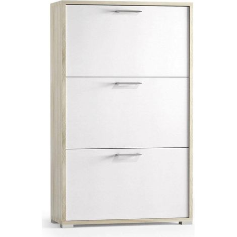 Dmora - Scarpiera Axinite, Mobile multiuso da ingresso con 3 ante a ribalta, Armadietto portascarpe a doppia profondità, 100% Made in Italy, 67x28h112 cm, Bianco e Olmo