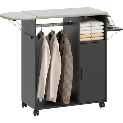 Table à repasser avec plateau effet lin, 3 étagères cubiques et barre de suspension, 127 x 42,5 x 99 cm, noire (1/5)