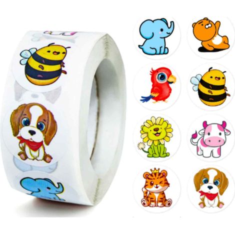 Autocollants Animaux Ronds - 500 Pièces Auto-Adhésifs - Pour Récompenses Enseignants Enfants - Usage Scolaire Et Domestique - Lot Complet (1/5)
