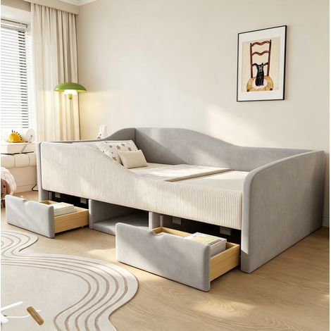 Etagenbett 90/190 cm en terciopelo gris con almacenaje y barreras de seguridad (1/5)