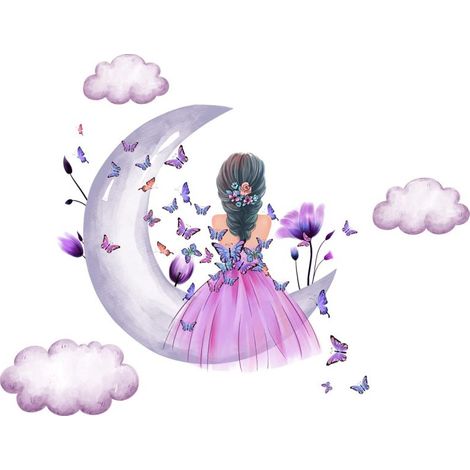 Stickers muraux aquarelle princesse lune papillons fleurs nuages pour salon chambre d'enfant, vinyle mural violet (1/5)