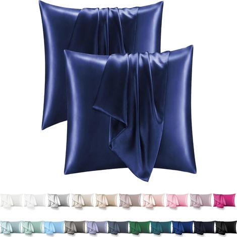 Taie Oreiller Satin 80x80 Lot de 2 - Similaire Aux Taies d'oreillers en Soie, Premium Housse de Coussin 80x80 certifié Oeko-Tex Respirant et Hypoallergénique Deux Faces en Soie,Bleu Marine (1/5)