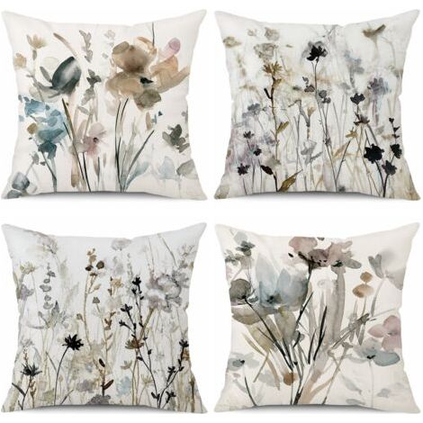 Housse de coussin 45 x 45 cm – Lot de 4 en lin – Motif floral peinture aquarelle – Lavable en machine – Coussins décoratifs canapé (1/5)