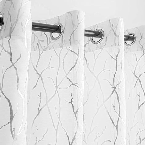Lot de 2 Rideaux de fenêtre à œillets pour Chambre à Coucher, Rideaux Transparents Blancs à Motif de Branches argentées métallisées de 160 cm de Long, pour Chambre d'enfant, 132,1 x 160 cm, (1/5)