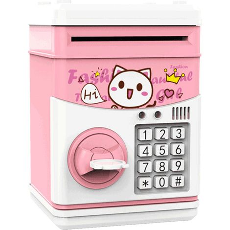 Coffre-fort électronique rose, 2 fentes dépôt, musique, clé secours, ABS robuste, 15.9cm (1/5)