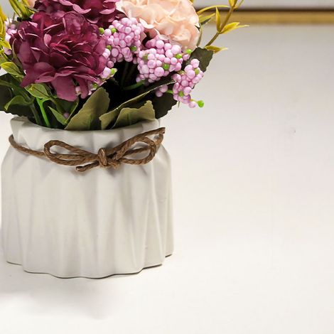 Bouquet de fleurs artificielles en pot d'hortensias avec vase, blanc, pour la décoration de table. (1/4)