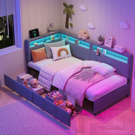 Cama esquinera tapizada de 90x200 cm con iluminación LED y puerto USB-C, sofá cama en forma de L con 2 cajones y estante de almacenamiento, somier de láminas funcional, funda de lino gris, colchón no
