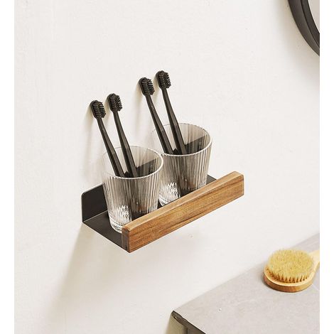 Étagère murale flottante en métal noir pour salle de bain, étagère murale décorative avec bords en bois massif, gain de place, antirouille extra forte (20 cm) FJYJJ000220XA (1/5)