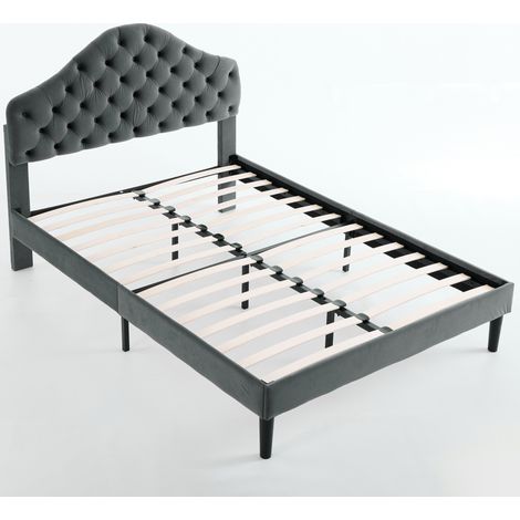 Cadre de lit plateforme rembourré 140x200 cm avec tête de lit réglable, lit simple en velours avec support à lattes en bois, sans sommier requis, montage facile, gris, DE601140GY (1/5)