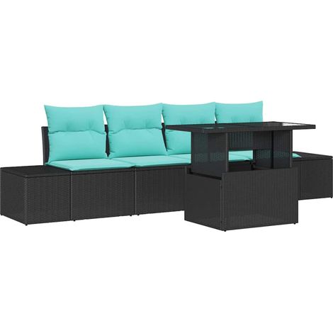 Sofa Set 5 pcs 4-Seater Black and Blue Poly Rattan vidaXL (1/5)