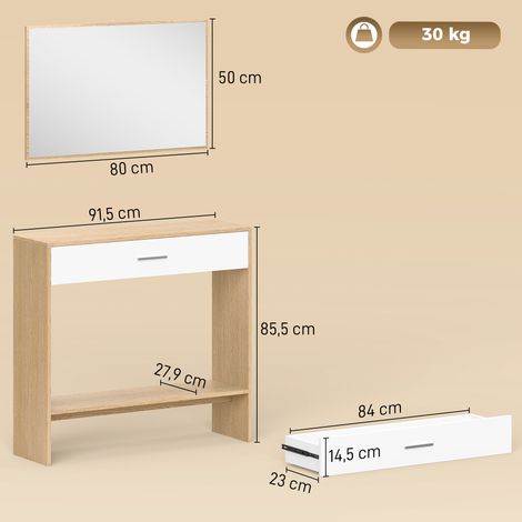 Console meuble + miroir, table console étroite avec tiroir et étagère, style moderne, 91,5 x 27,9 x 85,5 cm, chêne (1/5)