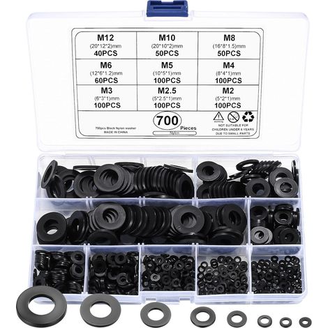 700 Pièces Rondelles Plates, Rondelles Nylon, Entretoises Rondes, Rondelle Frein Isolation Joints Spacer Assortiment de Fixations Industrielles - M2/M2.5/M3/M4/M5/M6/M8/M10/M12 (1/5)