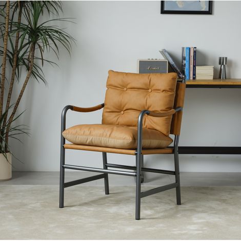 Poltrona accento Mid Century in cuoio rigenerato marrone con struttura in metallo nero, design lounge per soggiorno, camera da letto e ufficio CHICFURN (1/5)