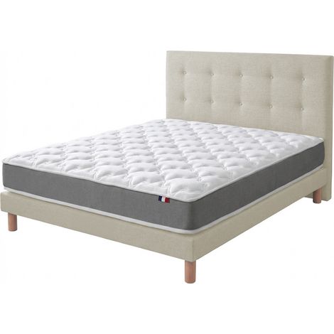 Ensemble matelas mousse accueil memoire de forme H16 cm sommier et tete de lit capitonnee beige 140 x 190 cm (1/5)