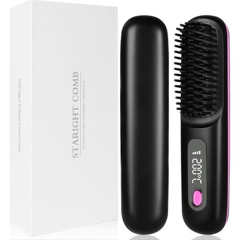(Schwarze) Haarglättungsbürste, tragbare kabellose Mini-Haarglättungsbürste mit Display und 3 einstellbaren Temperaturstufen, Schwarz