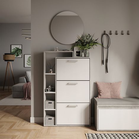 Zapatera abatible Orlando, Blanco/hormigón, 80 x 128.3 cm con 3 compartimentos abatibles, Vicco (1/5)