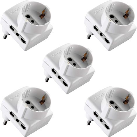 Electraline 92395 Confezione da 5 Adattatori Multipresa con Spina Salvaspazio, Presa Tripla Schuko Bivalente 10/16A, 230 V, Bianco