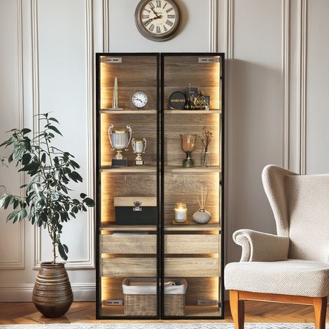 Mobile bagno 73 cm naturale in MDF con LED, 2 cassetti, 2 ante in vetro e montaggio sospeso o a terra (1/5)