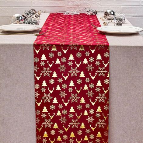Weihnachtsdekorationen Tischläufer mit Weihnachtshirschmotiv, warmer goldener Samtstoff aus Polyester-Baumwolle, Neujahrs-Tischflagge, bedruckt (1/4)