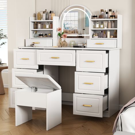 Coiffeuse 120x40x135 cm blanche en panneaux de particules avec miroir LED et 9 tiroirs (1/5)