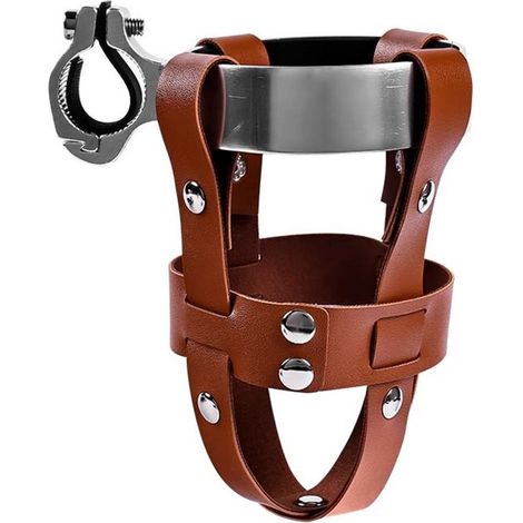 Portavasos piel sintética marrón anillo metal abrazadera ajustable, montaje universal manillares bicicletas motocicletas botellas térmicas vasos (1/5)