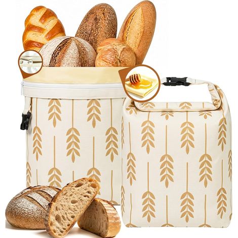 Juego de 2 bolsas reutilizables de cera de abeja (43 x 33 cm) para pan casero y de masa madre, bolsas de almacenamiento de algodón, estampado de trigo marrón. (1/5)