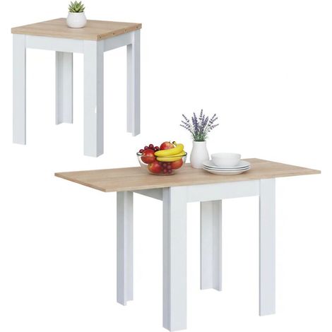 Dmora – Table extensible pliante 67x67/135 cm – Ouverture livre – Bois lamellé blanc et chêne – Système de verrouillage – Cales anti-bruit - 135h79