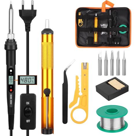 Soldering Iron, 13 in 1 Soldering Iron 80W Adjustable Temperature 180-520°C, Electronic Precision Soldering Iron 5 Tips Soldering Tips, Desoldering Pump, Soldering Iron Holder (1/5)