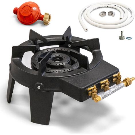 Rechaud à gaz 9,8 KW Fonte véritable 4 pieds 2 bruleurs + Tuyau gaz flexible 1.50m + Détendeur Propane TRIGLAV