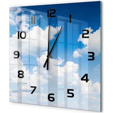 Grande Horloge Murale Carrée Objet Décoratif en Verre Silencieuse pour Salon Nuages dans le ciel 60x60 cm