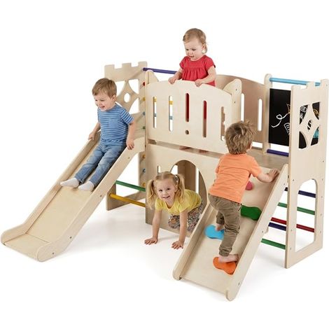COSTWAY  8 in 1 Scivolo per Bambini, Parco Giochi in Legno (Colorato) (1/5)