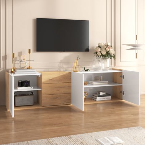 TV-Schrank aus MDF in Weiß/Holzfarbe, 171,5 x 35 x 47 cm, 3 Türen, 3 Schubladen, freistehend oder wandmontiert (1/5)