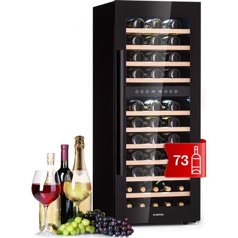 Klarstein Weinkühlschrank Freistehend, Kleiner Getränkekühlschrank Schmal, 2 Zonen Weinkühlschrank mit Glastür, Indoor/Outdoor Beersafe, Kühlschrank Klein mit LED-Lichter, 5-18°C, 73 Flaschen (1/5)