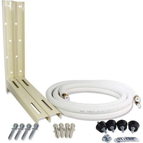 Kit instalación aire acondicionado, escuadras soporte compresor, tuberías de cobre aislado 5m 1/4 3/8, silentblock, tornillería. (1/5)