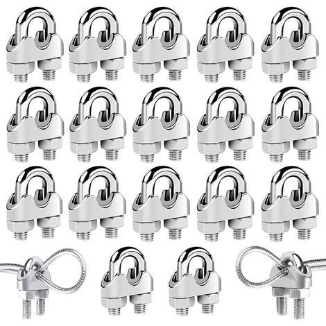 18 Pièces Serre Cable Acier,Serre Cable Inox 304 U Boulon Clip de Câble Métalliques,Pour Câble Métallique en Acier de M3 mm/M4 mm/M5 mm,Corde (Trois Tailles) (1/5)