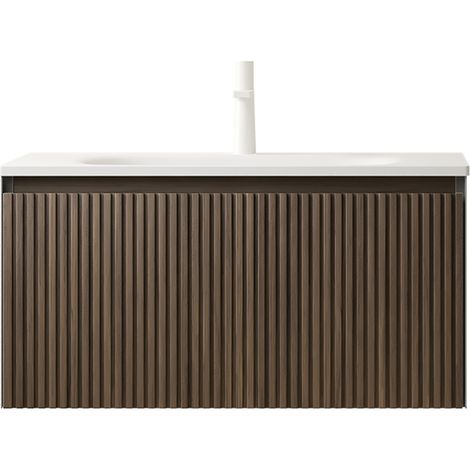 Mueble de baño suspendido 80 cm con lavabo integrado de resina y cajón roble marrón (1/5)