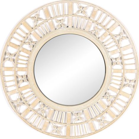 Miroir mural bois blanc décapé style bohème avec motifs sculptés - blanc décapé bois naturel (1/3)