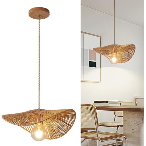 Suspension bohème, lustre en corde de chanvre tressée à la main, lampe suspendue de style wabi-sabi, plafonnier avec ampoule, lumière chaude, φ40cm (1/5)