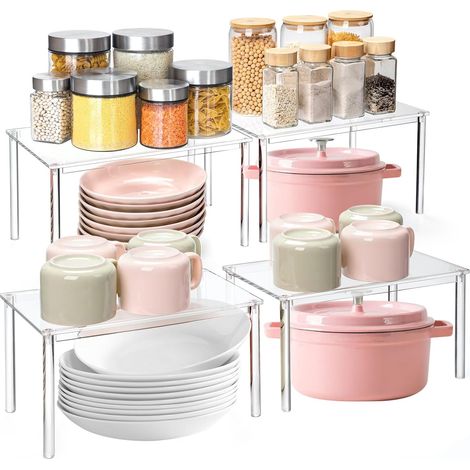 4 Piece Kitchen Organizer Shelf, Transparent Kitchen Cupboard Organizer, Kitchen Worktop Shelf, Spice Rack, Cup Holder, Expandable, Stackable for Plans (1/5)