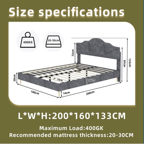 Lit tapissé 160/200 cm gris en tissu et métal avec matelas inclus (1/5)