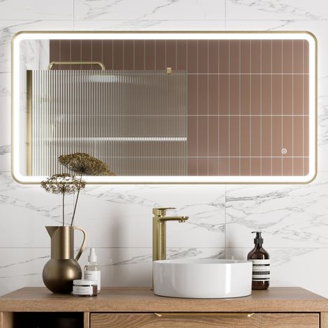 Aquari Large Rectangular LED Mirror Touch Bathroom Demister Brushed Brass 1200x600mm (1/4)
