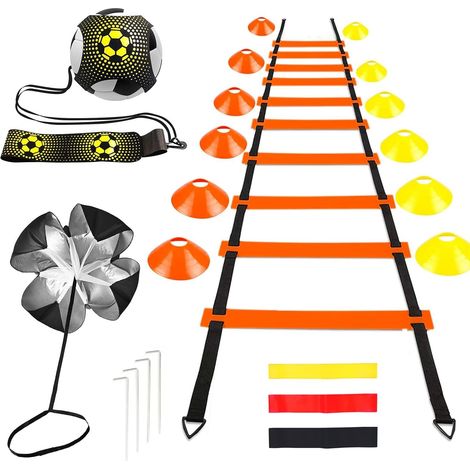 Fußballtrainingszubehör – 6 m lange Agility-Leiter, 12 orange/gelbe Hütchen, 4 Bodenanker, 3 Widerstandsbänder (unterschiedliche Stärken), Speed-Fallschirm und Widerstandsband